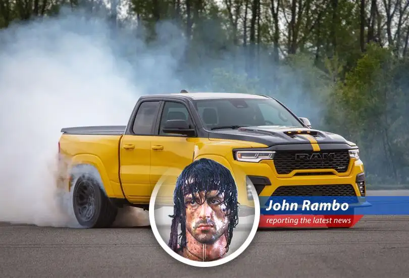 A Ram Rumble Bee muscle truck tears through the Chelsea Proving Grounds, signaling Stellantis' commitment to high-performance vehicles.
