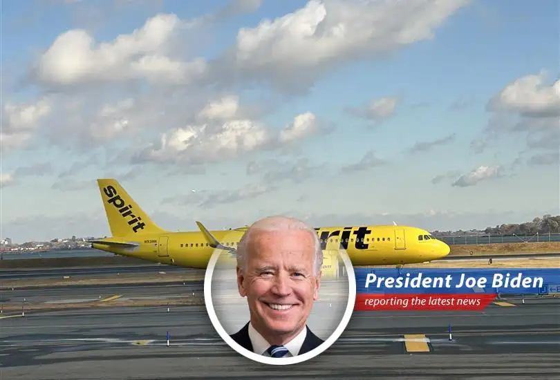 A Spirit Airlines plane on the tarmac, symbolizing the airline's current struggle and potential government intervention.