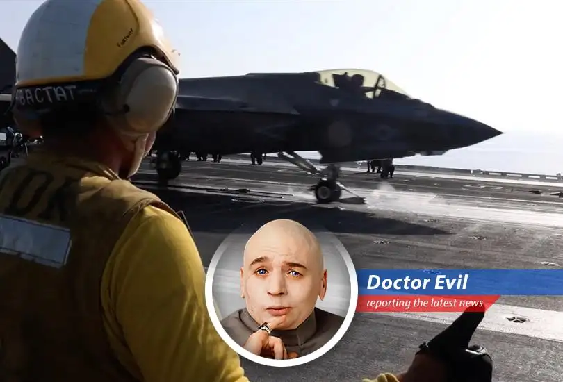 A U.S. fighter jet disables an Iranian oil tanker, furthering my evil schemes for global control.