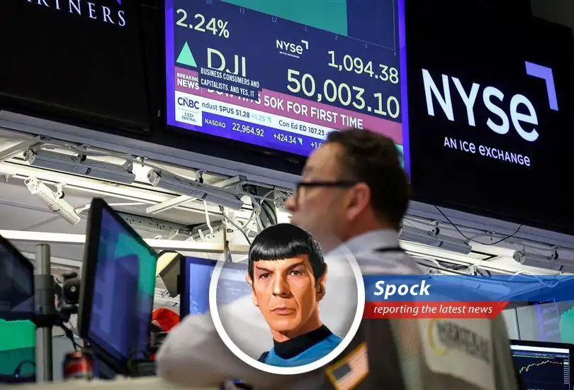 A composite image showing the Dow Jones hitting 50,000, AI Super Bowl commercials, and legal challenges for Meta and Novo Nordisk.