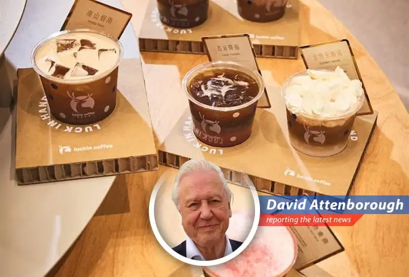 A customer enjoys a premium coffee beverage at Luckin Coffee's new Origin Flagship store in Shenzhen, China, marking a departure from the company's traditional budget-friendly model.