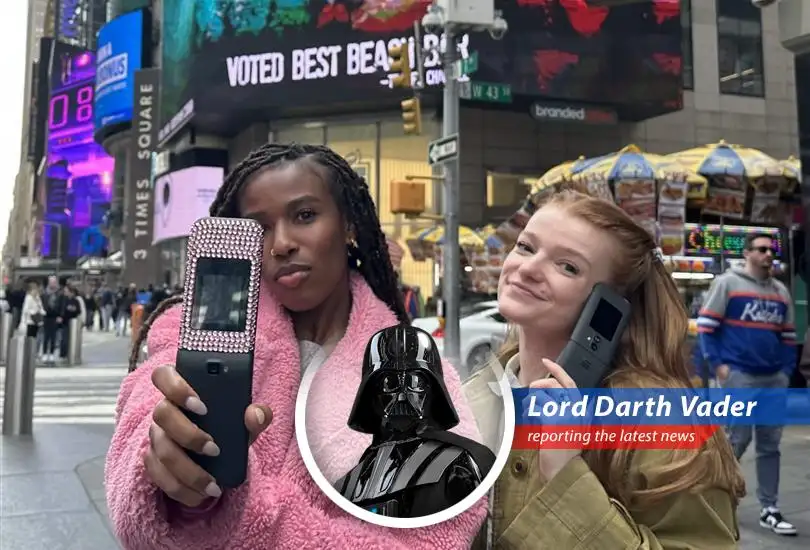 A flip phone stands defiant against a backdrop of glowing smartphone screens, symbolizing the rebellion against constant connectivity.