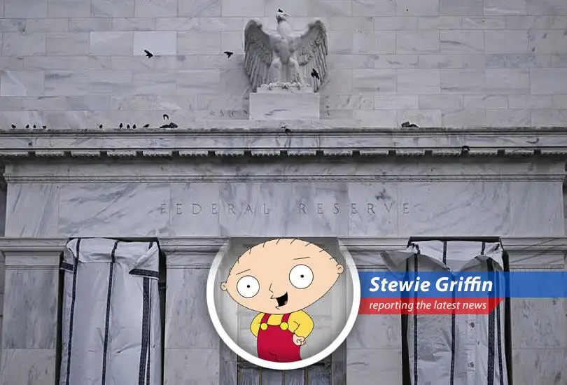 A grim reaper figure hovers over Wall Street, symbolizing the death of rate cut hopes.