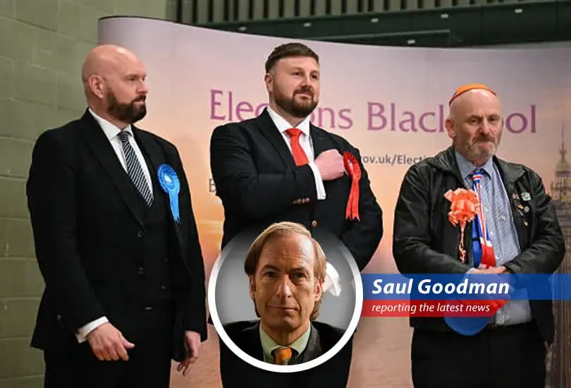 A humorously dramatized report of the U.K. leader Rishi Sunak's Conservative Party facing significant losses at local elections against the background of a Breaking Bad themed satire