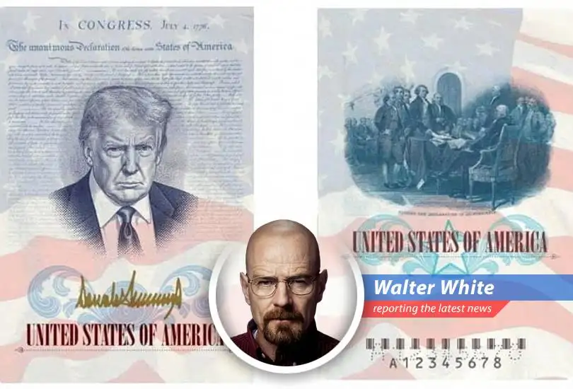 A mockup of a special edition passport featuring Donald Trump's likeness superimposed over the Declaration of Independence.