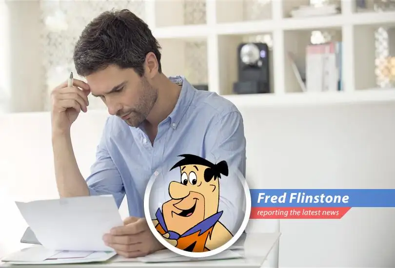 A prehistoric family contemplates their tax refund, wondering if they can finally afford that new stone television.