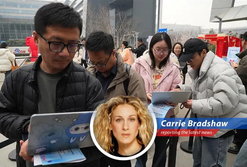 A stylish woman ponders the complexities of AI and fashion, reflecting on the rising prices of secondhand Macs in China.