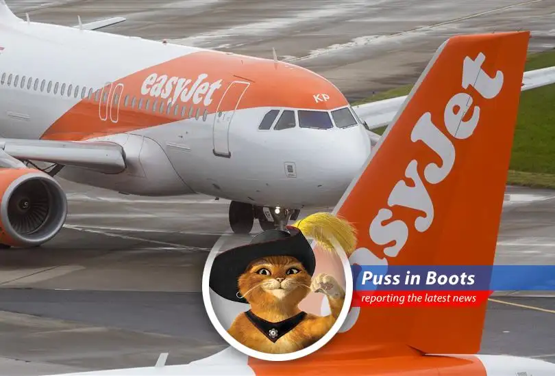 An EasyJet airplane soaring through a turbulent economic sky amidst rising fuel costs and geopolitical uncertainty.