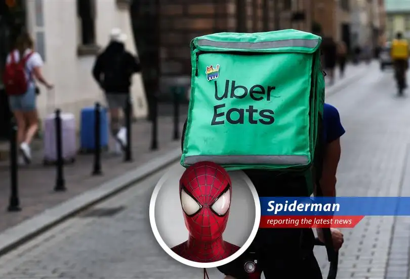 An Uber Eats delivery driver navigates city streets, highlighting the company's growing presence in the global food delivery market and its strategic acquisition of Delivery Hero shares.