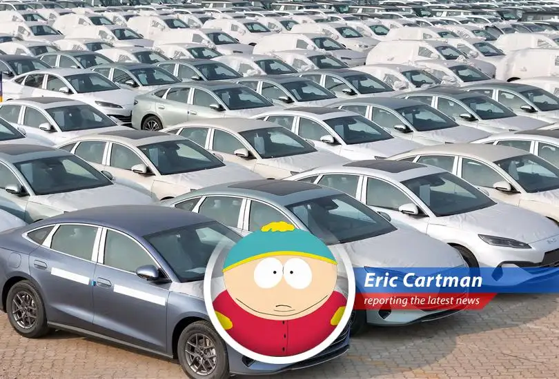 BYD vehicles lined up, showcasing their growing global presence despite profit challenges.