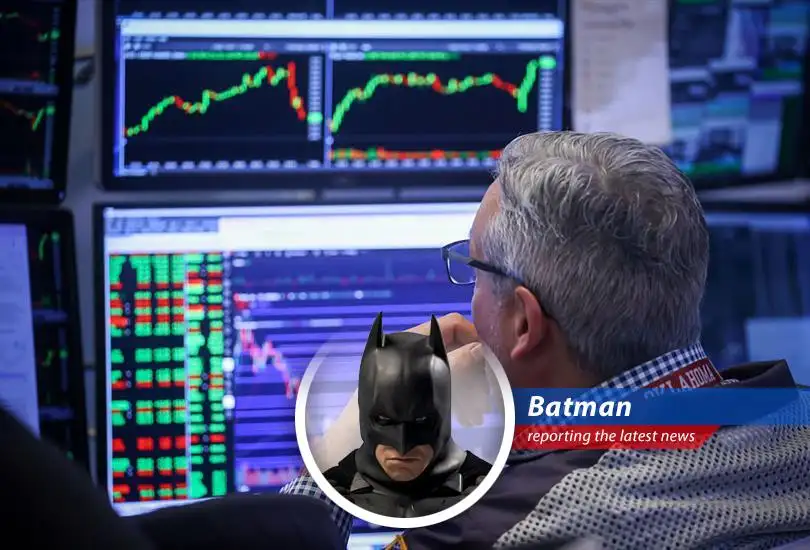 Batman reviews his Cardinal Health stock purchase amidst Gotham's skyline.