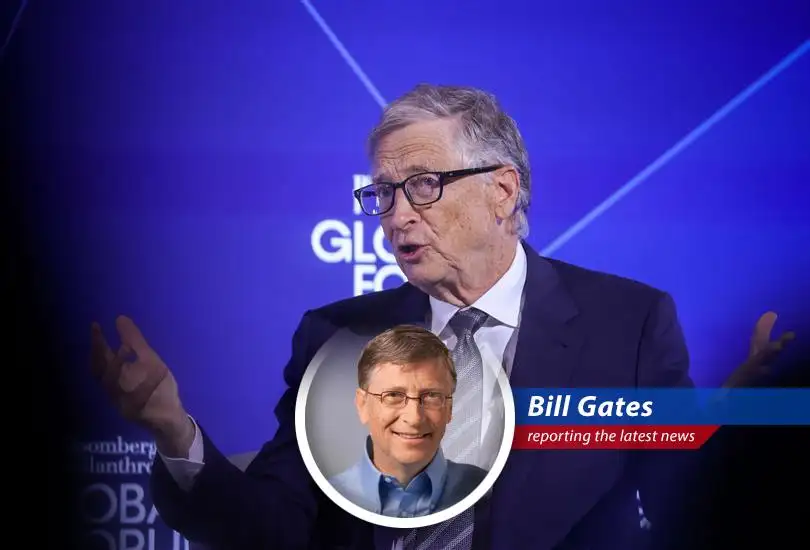 Bill Gates speaking at a town hall meeting, addressing past issues and future goals.
