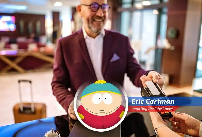 Cartman giving the side-eye to a Wyndham hotel, probably plotting to take it over.