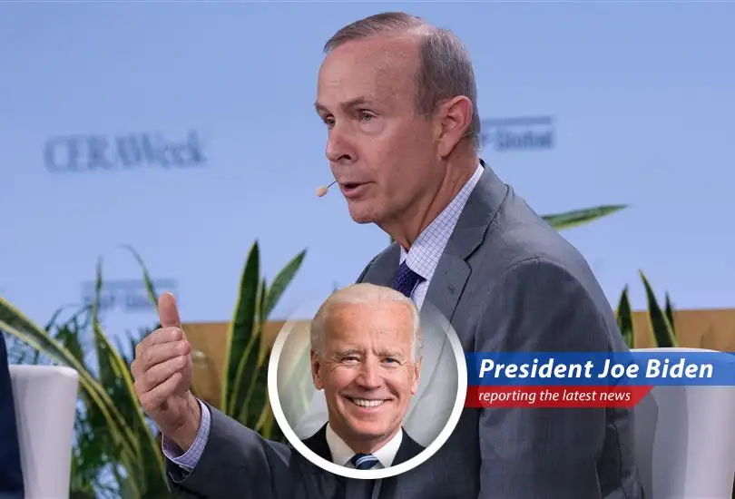 Chevron CEO Mike Wirth at CERAWeek discussing the potential impact of the Strait of Hormuz closure on global oil markets.