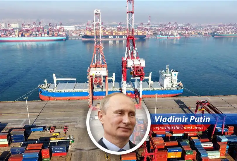 Chinese cargo ships loading containers at a bustling port, symbolizing China's robust trade activity