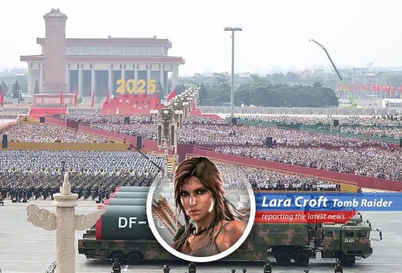 Chinese military parade showcasing advanced weaponry. China balances defense modernization with economic realities amid geopolitical complexities.