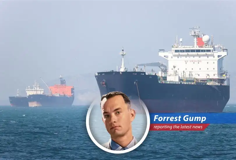 Commercial ships stuck in the Strait of Hormuz, awaiting resolution of the U.S.-Iran conflict.