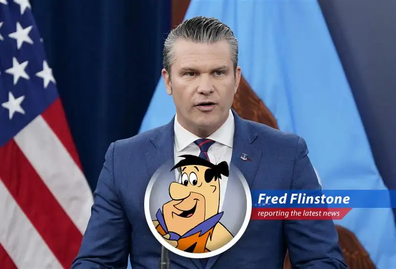 Defense Secretary Pete Hegseth addressing the press about the Strait of Hormuz situation while Fred worries about the price of Bronto Burgers.