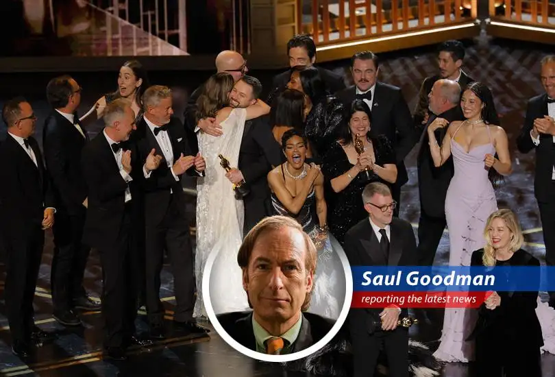 Director Paul Thomas Anderson celebrates his Best Picture win for 