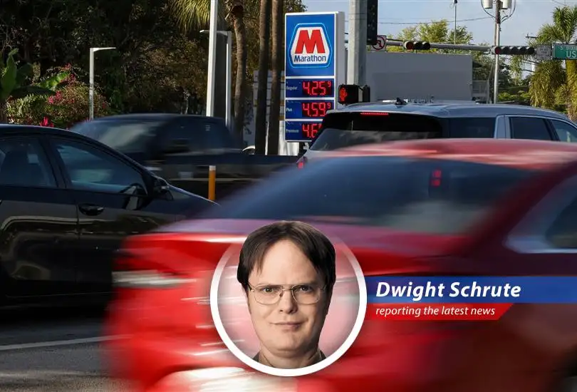Dwight Schrute analyzing the Federal Reserve's dilemma on balancing inflation and economic slowdown amidst rising gas prices at Schrute Farms.