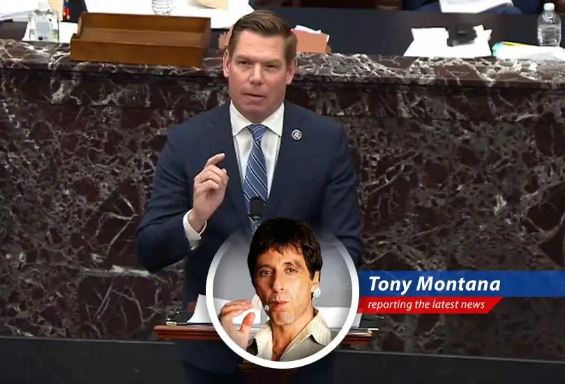 Eric Swalwell exits the courtroom after dropping the lawsuit against Bill Pulte.