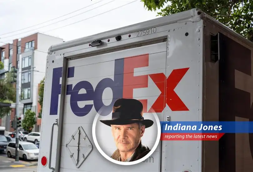 FedEx plane soaring above, defying expectations like Indy escaping a rolling boulder.