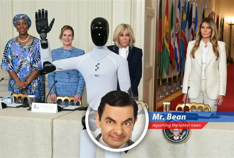 First Lady Melania Trump stands alongside Figure 3, a humanoid robot, at the White House during the Fostering the Future Together Global Coalition Summit.