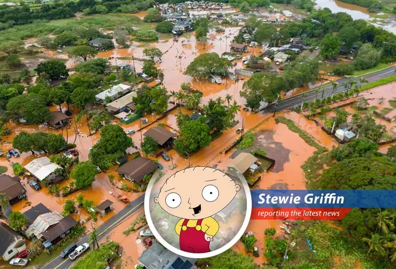 Floodwaters inundate Oahu's North Shore, highlighting the severity of the disaster. Clearly, someone needs to invent a weather-controlling device, and fast. Failing that, perhaps a giant inflatable duck.
