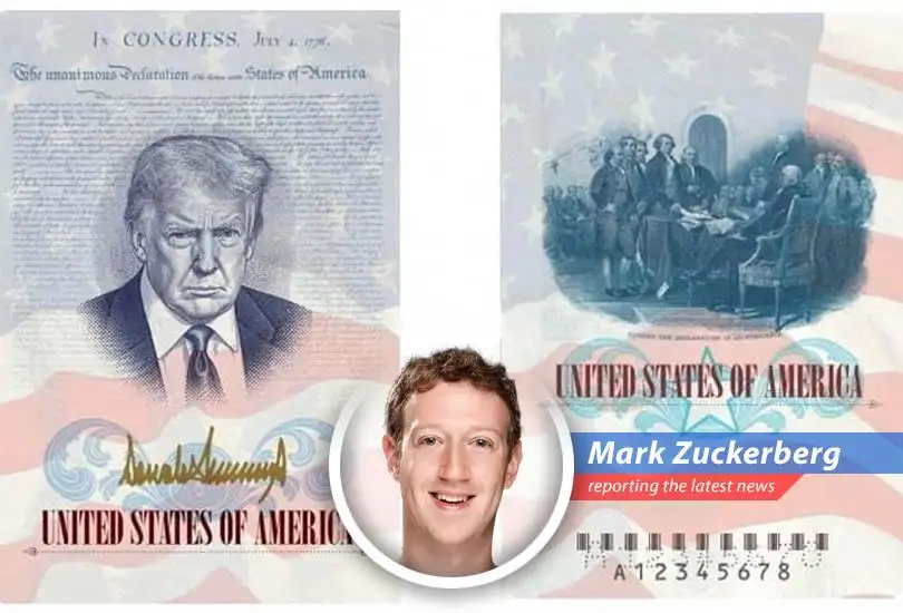 Illustration of a U.S. passport featuring a superimposed image resembling Donald Trump