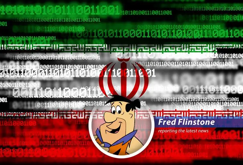 Illustration of a prehistoric man (Fred Flinstone) trying to use a stone tablet as a computer, symbolizing Iran's internet blackout.