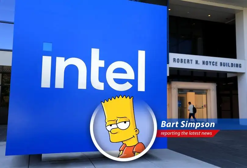 Intel's stock price chart showing a massive upward climb like Bart skateboarding down Evergreen Terrace.