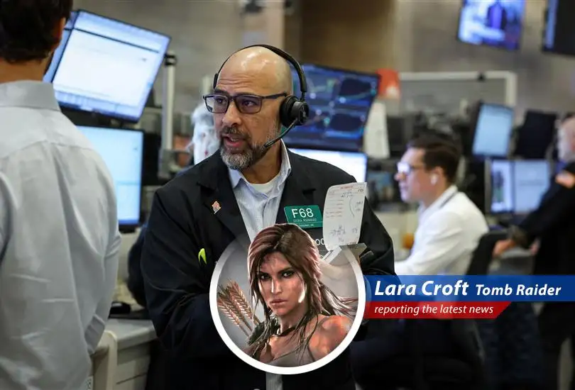 Lara Croft analyzes market data, adjusting her portfolio to navigate geopolitical risks and economic shifts.
