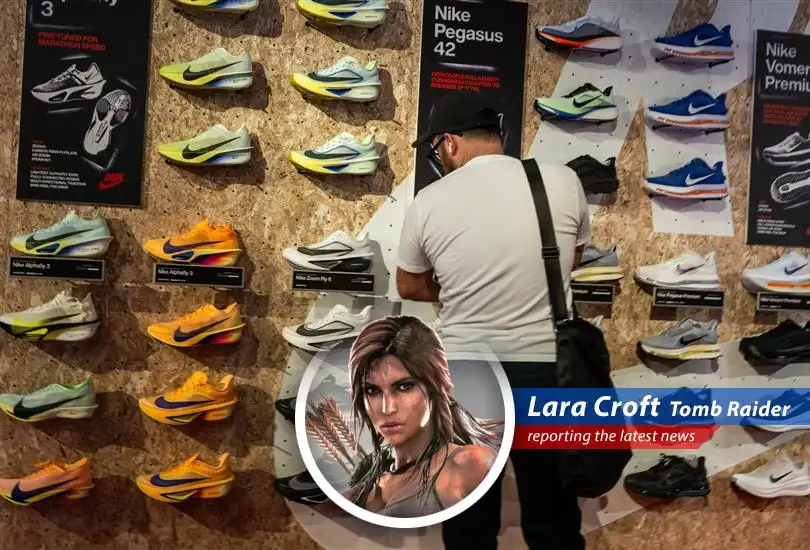 Lara Croft analyzing market data, blending her adventurous spirit with financial acumen.