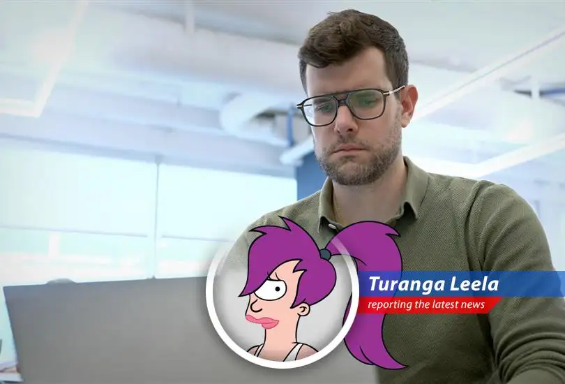 Leela stares suspiciously at a robot, wondering if it's trying to steal her tax refund. Or maybe just her eye.