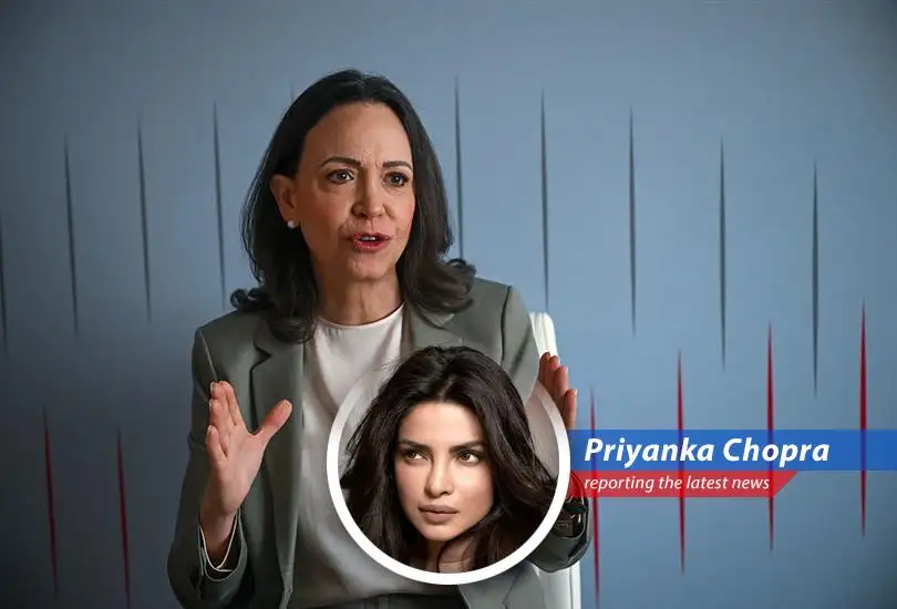 Maria Corina Machado speaking at the CERAWeek conference in Houston, Texas, discussing Venezuela's oil future amidst political shifts.