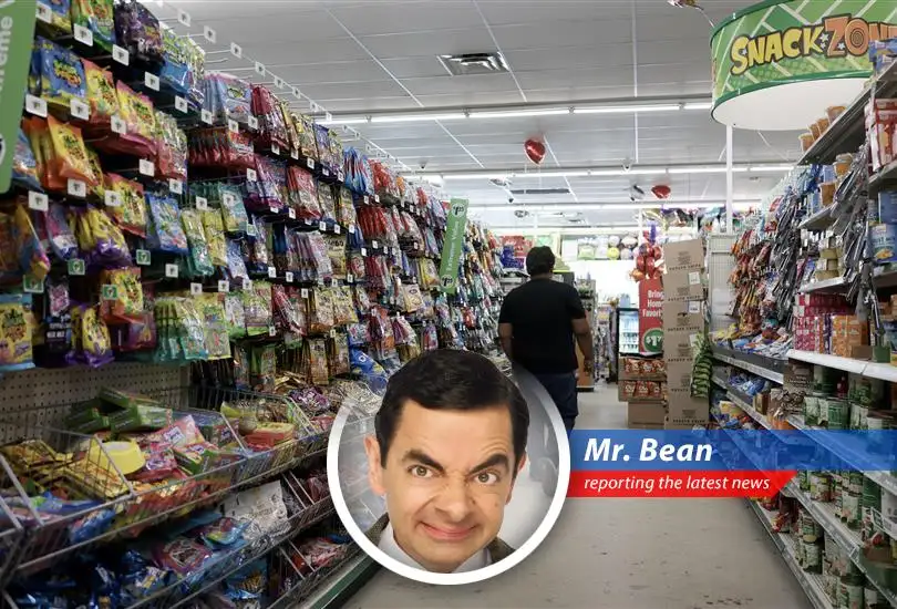 Mr. Bean contemplates the rising cost of beans a grave concern for tea time and teddy's treats
