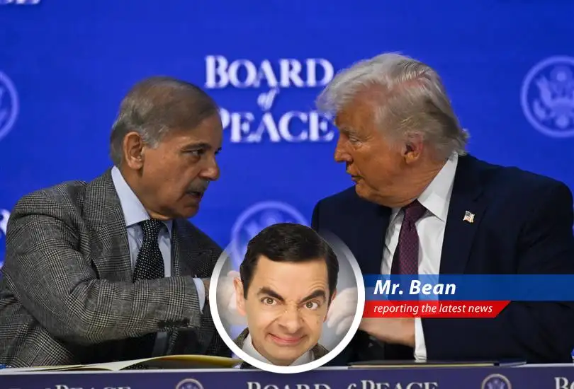 Mr. Bean ponders the complexities of Middle East peace, probably involving a turkey on his head.