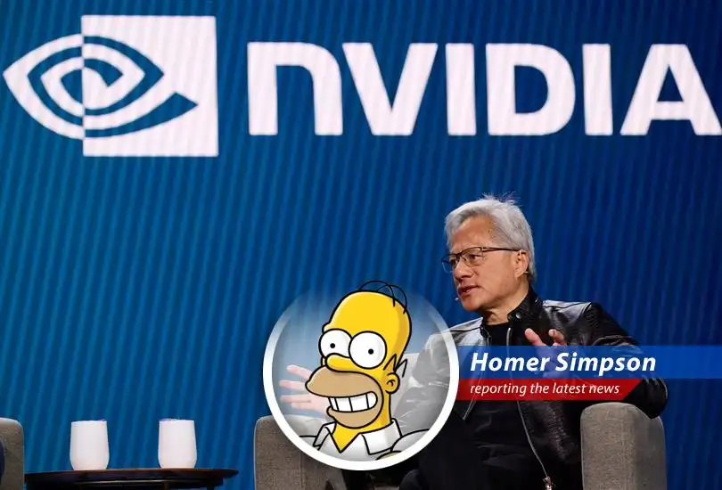 Nvidia CEO Jensen Huang holding an AI chip, probably thinking about all the money he's making. Mmm, money.