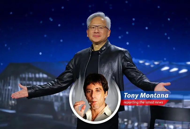 Nvidia's Jensen Huang joins Trump's China trip, a power play reminiscent of Miami's most notorious kingpin navigating a world of shifting alliances and rising stakes.