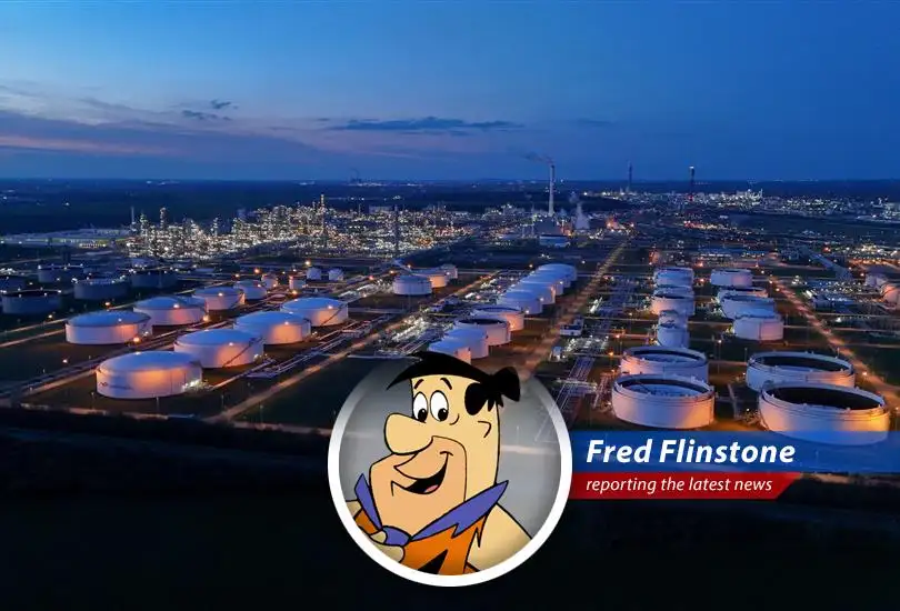 Oil derricks pump away, likely fueled by something Wilma bought. Yabba Dabba Doo, this could get expensive