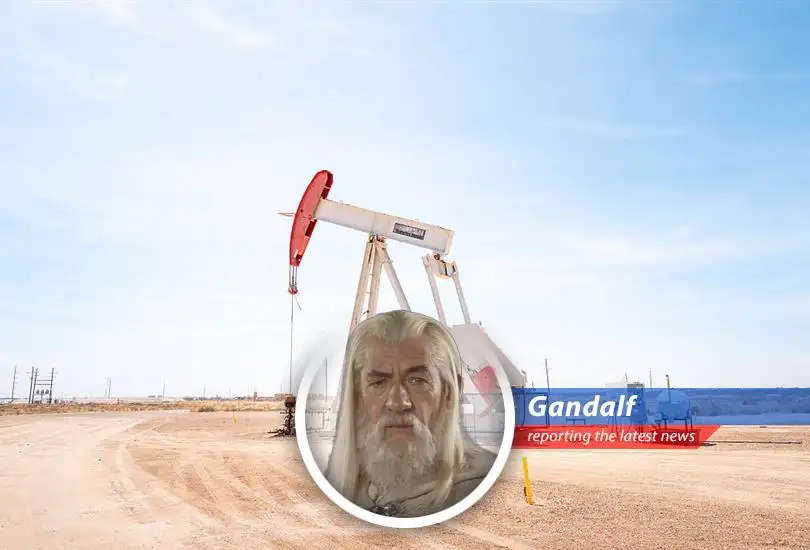 Oil derricks silhouetted against the sunset, a visual metaphor for the precarious balance of power and resources.