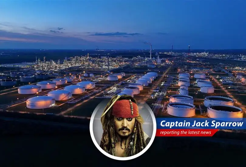 Oil tanker navigating troubled waters, much like Captain Jack through a kraken's lair. Savvy