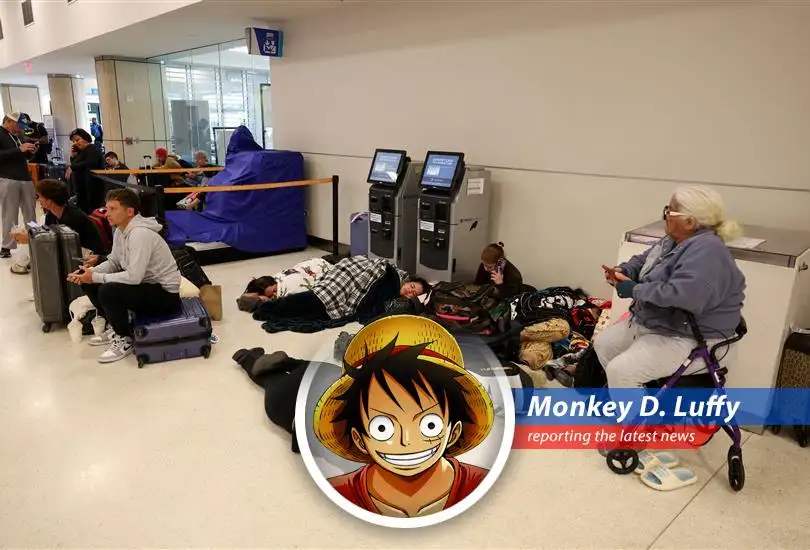Passengers queue at a Caribbean airport after flight cancellations due to airspace restrictions.