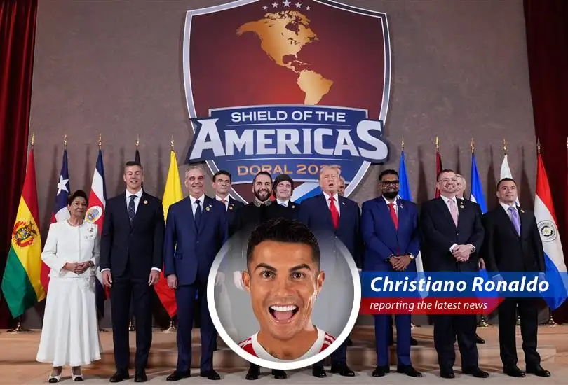 President Trump addressing leaders at the Shield of the Americas summit in Miami, outlining his vision for the Western Hemisphere.