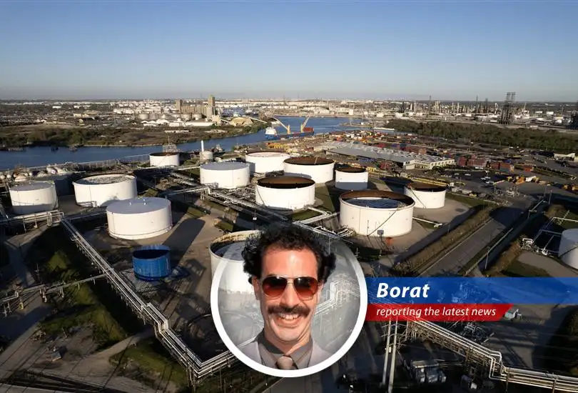 President Trump discusses global unrest while oil tankers face challenges in the Strait of Hormuz, as interpreted by Borat Sagdiyev.