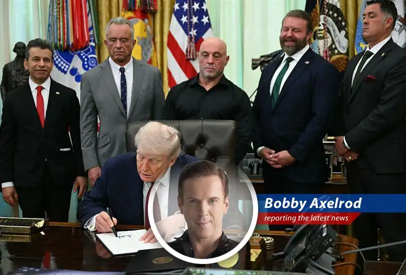 President Trump signs an executive order to expedite the review of psychedelic drugs, with Joe Rogan and Marcus Luttrell present.