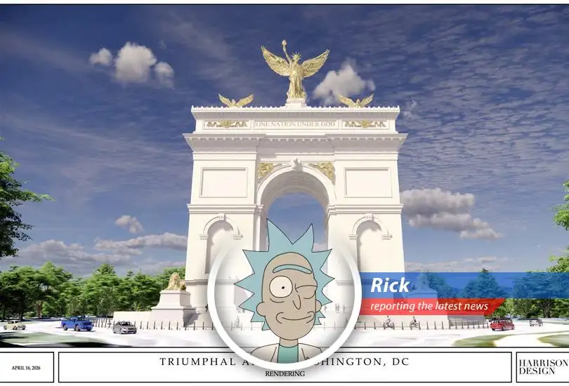 Rendering of the proposed Trump triumphal arch, sparking controversy over its size, location, and funding.