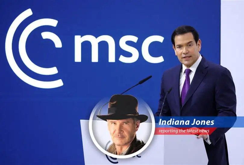 Secretary Rubio addressing the Munich Security Conference, a familiar scene of global powers and complex alliances.