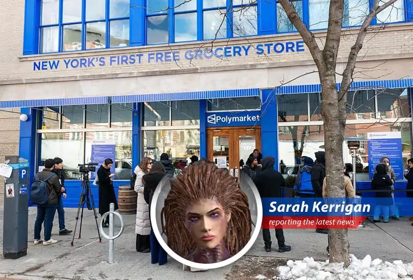 Shoppers line up at the grand opening of The Polymarket, a free grocery store sponsored by the prediction market.