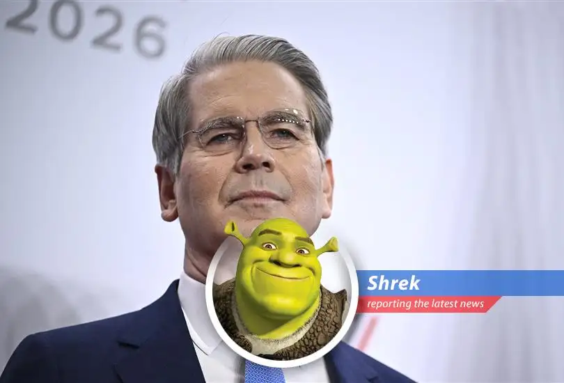 Shrek ponders international finance at his swamp, pondering if even he should impose economic sanctions on Donkey for eating all the parfaits.